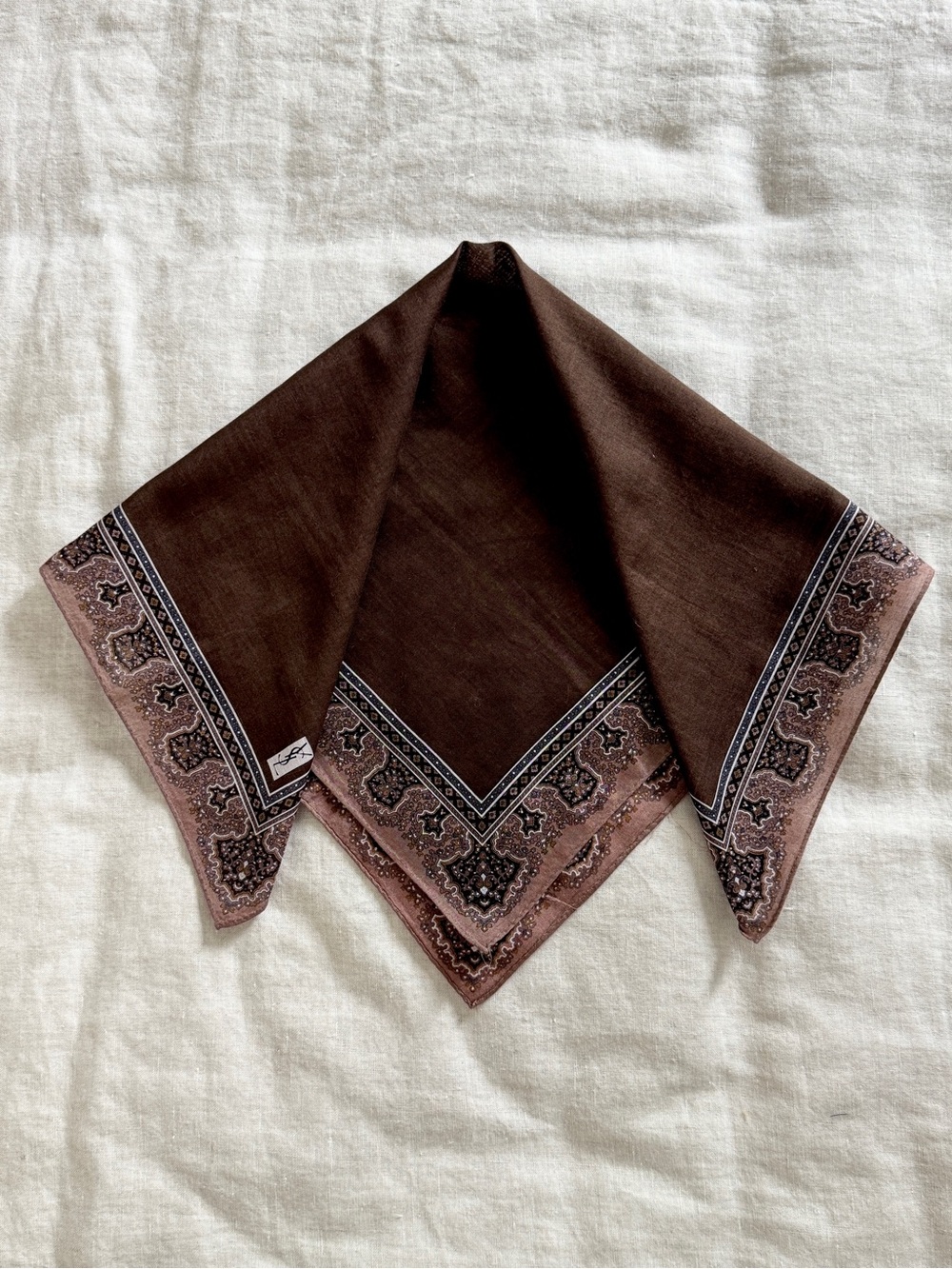 Vintage YSL Brown Paisley Cotton Head Scarf Bandana Made in Japan - Picture 5 of 6
